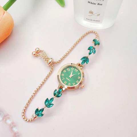 Women Fashion Quartz Bracelet Watch Leaf Wheat Ear Design Rhinestone Inlay Elegant Adjustable Slider Ladies Jewelry Watch