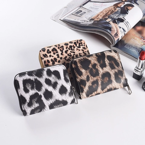 Damen Reißverschluss Portemonnaie PU Leder Leopard Print Multi Kartenslots Kurze Geldbörse Mode Zebra Streifen Mini Geldbeutel