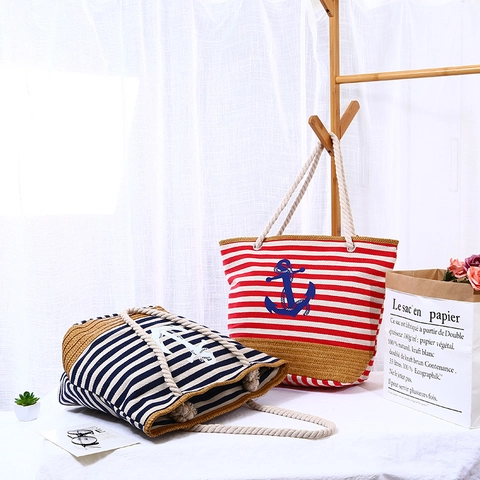 Large Capacity Canvas Beach Tote Bag For Women Nautical Striped Anchor Print Cotton Rope Handle Holiday Travel Handbag