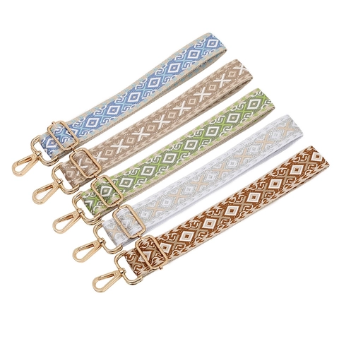 Adjustable Bag Strap Replacement Wide Shoulder Crossbody Belt Ethnic Geometric Pattern Polyester With Metal Buckles