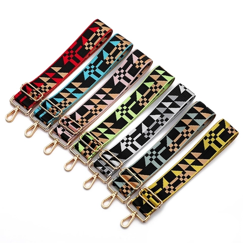 Wide Shoulder Bag Strap Replacement Adjustable Polyester Geometric Jacquard Pattern Ethnic Style For Crossbody Bags Metal Hooks