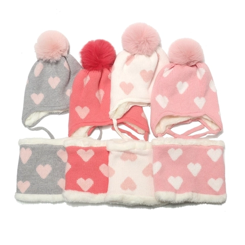 Enfants Filles Bonnet Tricoté Et Écharpe D'Hiver Doublé Polaire Chaud Motif Cœur Protection Oreilles Acrylique Accessoire