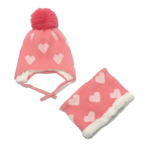 Enfants Filles Bonnet Tricoté Et Écharpe D'Hiver Doublé Polaire Chaud Motif Cœur Protection Oreilles Acrylique Accessoire