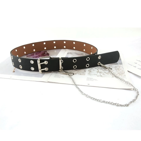 Ceinture Punk en Simili Cuir pour Femme Avec Chaîne en Métal Détachable Œillets à Double Rangée Boucle à Ardillon pour Jeans