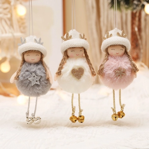 Adornos De Muñeca De Ángel De Peluche De Navidad Cuernos De Reno Gorro De Punto Lentejuelas Colgante De Piel Sintética Con Campana