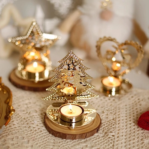 Christmas Candle Holder Gold Metal Hollow Out Tree Star Heart Reindeer Desktop Ornament Festive Home Dinner Table Decor