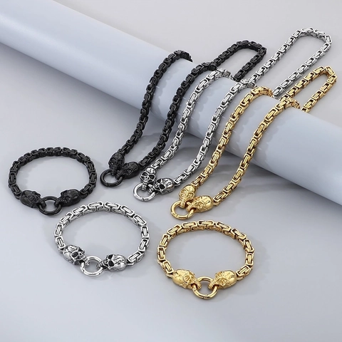 Hombres Cabeza De Calavera Acero Inoxidable Cadena Bizantina Collar Y Pulsera Joyas Hip Hop Punk