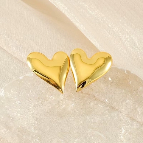 Heart Stud Earrings 18K Gold Plated Stainless Steel 3D Stereoscopic Glossy Mirror Polished Minimalist Jewelry For Women