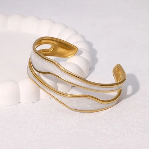 Irregular Wave Cuff Bracelet Stainless Steel Gold Plated Enamel Drip Oil Minimalist Luxury Style Jewelry For Women