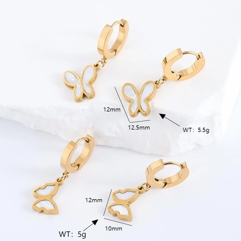 Butterfly Pendant Hoop Earrings 304 Stainless Steel 18K Gold Plated White Mother Of Artificial Pearl Retro Elegant For Women