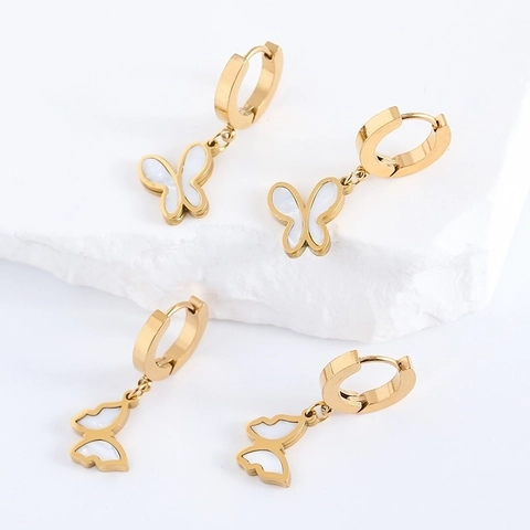 Butterfly Pendant Hoop Earrings 304 Stainless Steel 18K Gold Plated White Mother Of Artificial Pearl Retro Elegant For Women