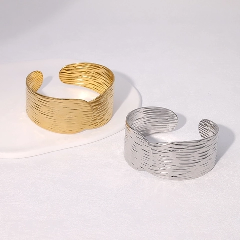 Vintage Minimalist Wide Open Cuff Bracelet Stainless Steel Irregular Wavy Texture Adjustable Bangle For Women