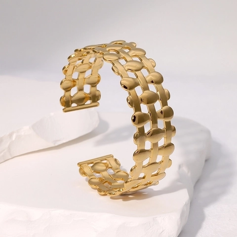 Edelstahl Offenes Manschettenarmband 18K Vergoldet Hohl Gewebt Geometrisch Vintage Schmuck Für Damen