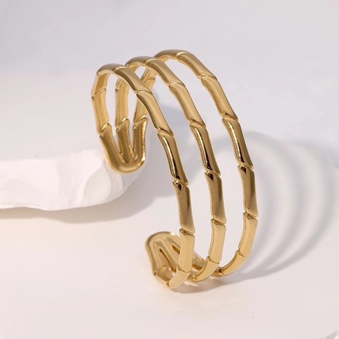 Bamboo Joint Open Bangle Bracelet Stainless Steel 18K Gold Plated Adjustable Multi Layer Minimalist Jewelry For Women