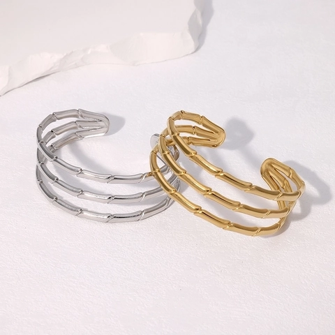 Bamboo Joint Open Bangle Bracelet Stainless Steel 18K Gold Plated Adjustable Multi Layer Minimalist Jewelry For Women