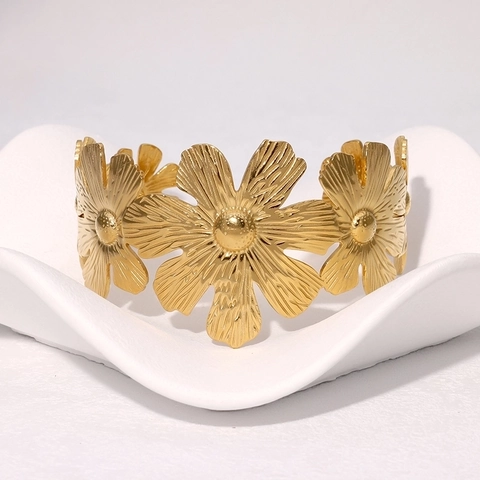 Bracciale a Polsino Aperto in Acciaio Inossidabile con Fiori di Margherita Vintage da Donna Elegante Bangle Gioielli Regalo