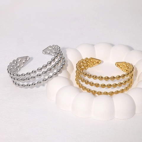 Bracciale Rigido Aperto A Tre Strati Perline Acciaio Inossidabile Oro 18K Minimalista Geometrico Per Donna Regolabile