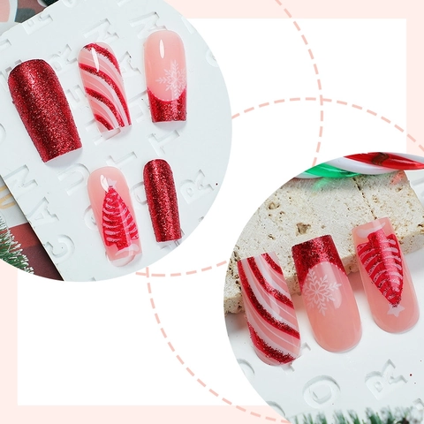 Weihnachtsnägel Zum Aufkleben Rot Glitzer Schneeflocke Weihnachtsbaum Zuckerstange Lange Glänzende Falsche Nägel Für Frauen