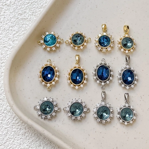 Copper Gold Plated Blue Zircon Artificial Pearl Pendant Charms DIY Jewelry Making Connector Accessory