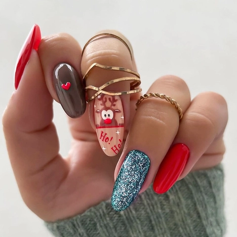 Faux Ongles De Noël Renne Coeur Paillettes Forme Amande Style Français Avec Colle Gelée Et Lime