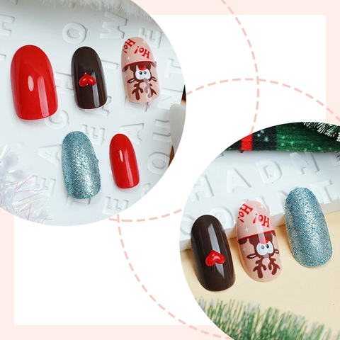 Faux Ongles De Noël Renne Coeur Paillettes Forme Amande Style Français Avec Colle Gelée Et Lime
