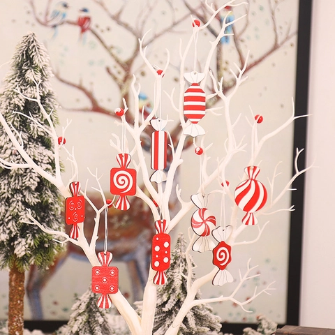 Weihnachten Süßigkeiten Holzanhänger Rot Weiß Gestreift Punkte Holz Hängende Ornamente Für Feiertage Weihnachtsbaum Dekoration Home Party Dekor