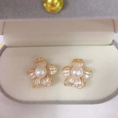 Boucles Oreilles Fleur Perle Eau Douce Naturelle Email Zircon Cuivre Plaqué Or 18K Avec 925 Sterling Silver Earring Post