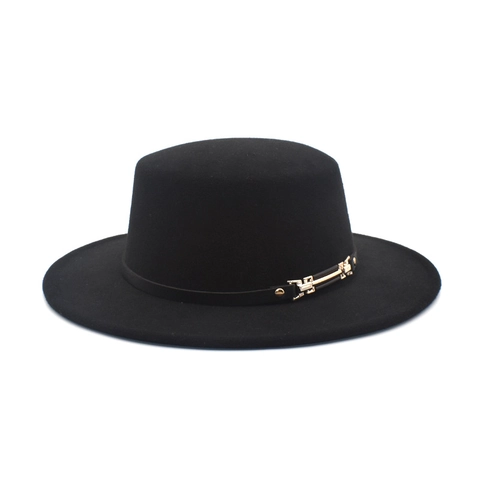 Flachkopf Breitkrempiger Boater Hut Wollfilz Britischer Stil Retro Jazz Fedora Für Herren Damen Mit Goldener Schnalle