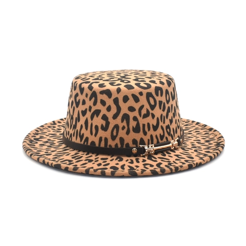 Cappello Boater Con Stampa Leopardata In Feltro Di Lana Vintage Tesa Larga Cupola Piatta Stile Jazz Per Donna