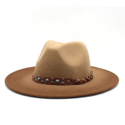Vintage Wollfilz Fedora Hut Geflochtenes Lederband Türkis Perlen Farbverlauf Breite Krempe Western Jazz Cap Unisex