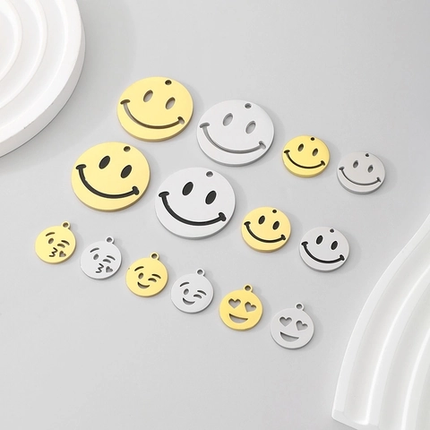 Stainless Steel Smile Face Emoji Pendants Round Hollow Out Enamel Charms For DIY Jewelry Making Necklaces Bracelets Crafts