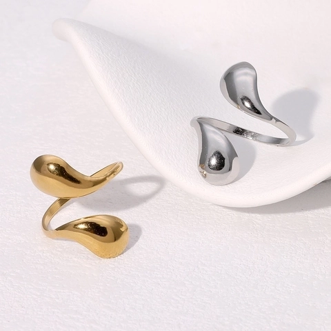 Anillo Abierto De Doble Gota De Agua Minimalista De Acero Inoxidable Chapado En Oro Ajustable Joyas De Moda Para Mujeres