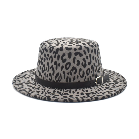 Leopard Print Woolen Felt Boater Hat Flat Top Wide Brim With Leather Band Metal Buckle Retro Jazz Style Unisex