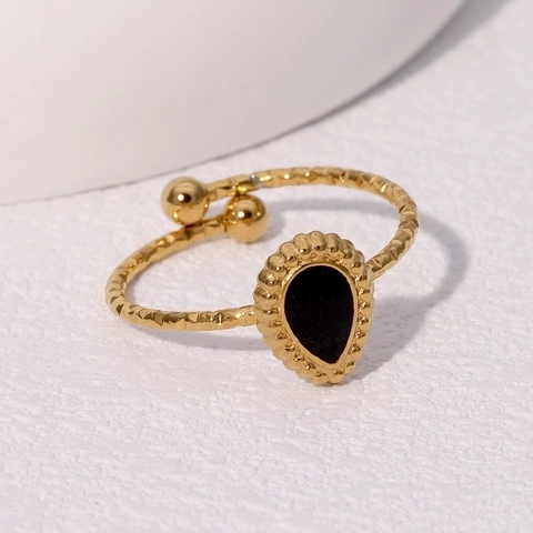 Vintage Wassertropfen Edelstahl Offener Ring Für Damen Vergoldet Gehämmerte Textur Eingelegter Strass Verstellbarer Schmuck Fingerring