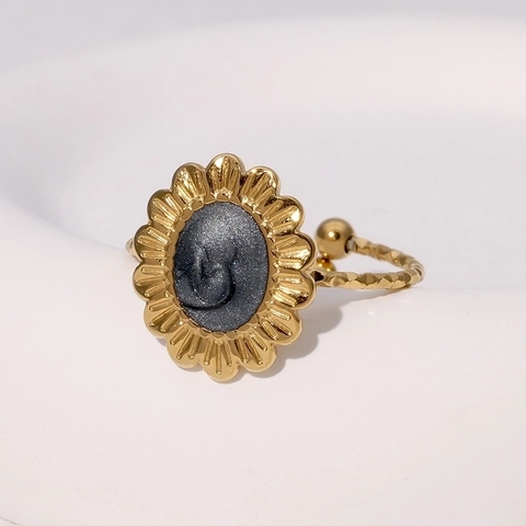 Vintage Sunflower Open Adjustable Ring Stainless Steel Gold Plated French Style Elegant Geometric Women Jewelry