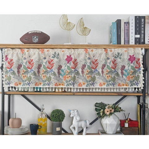 Short Kitchen Curtain Valance Floral Print Cotton Linen Blend Tassel Ruffle Farmhouse Cafe Window Partition Decor