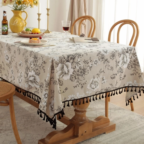 Vintage Peony Floral Cotton Linen Tablecloth With Black Tassels American Pastoral Rectangular Dining Table Picnic Cover Decorative Home Cloth