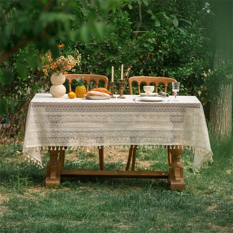 Tovaglia In Pizzo Traforato Retrò Con Bordo A Frange Copritavolo Stile Cotone Lino Per Matrimonio Picnic Decorazione