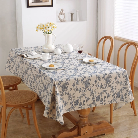 Nappe En Coton Et Lin À Motif Floral Bleu Vintage Housse De Table Rétro Avec Pompon Pour Cuisine Salle À Manger