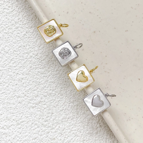 Pendentif Carré Nacre Coquille Inlay Cuivre Rose Cœur Fleur Charme Pour DIY Collier Bracelet Fabrication De Bijoux