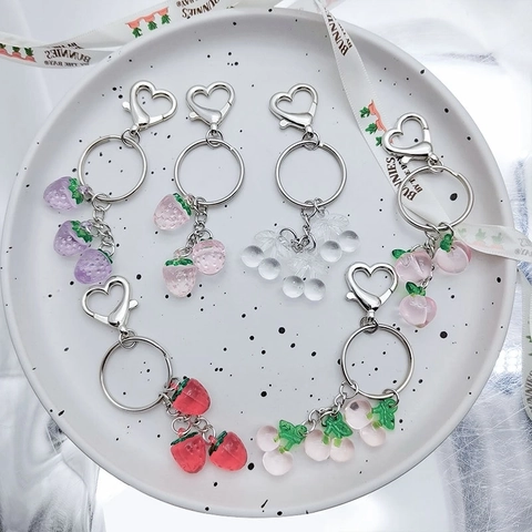 Frucht Schlüsselanhänger Süß Transparent Acryl Erdbeere Kirsche Pfirsich Herz Verschluss Tasche Anhänger