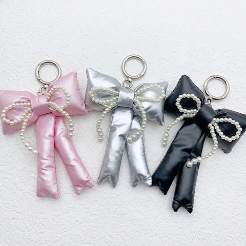 Gepolsterter Schleifen Schlüsselanhänger Mit Künstliche Perlenimitat Satin Stoff Taschenanhänger Für Damen Kreative Schlüsselring