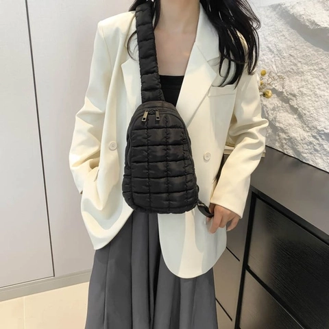Women Quilted Puffer Crossbody Bag Lightweight Padded Nylon Chest Pack Adjustable Strap Sport Outdoor Casual Fashion