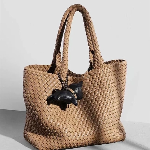 Gewebte PU Leder Tote Tasche Große Kapazität Handtasche Schultertasche Mit Hundeanhänger Vintage Stil Für Damen Alltag