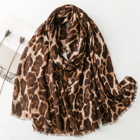 Women Fashion Leopard Print Scarf With Frayed Edges Lightweight Warm Shawl Wrap Breathable Polyester Fabric Neck Accessory