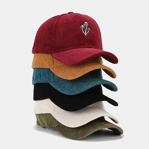Berretto da Baseball in Velluto a Coste con Ricamo a Fungo Donna Regolabile Retro Casual Protezione Solare Moda