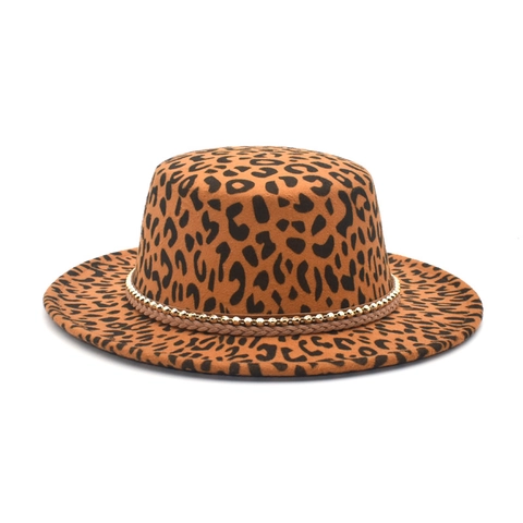 Cappello Boater Leopardato In Feltro Di Lana Tesa Larga Con Fascia Di Perline Fedora Jazz Invernale Caldo Per Uomo Donna