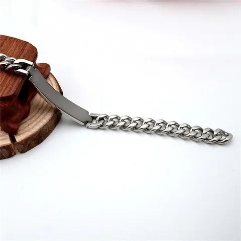 Pulsera De Cadena Curb De Acero Inoxidable Pulido Con Barra De Identificación En Blanco Joyería Minimalista Plata