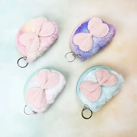 Cute Plush Coin Purse With Bow And Unicorn Gradient Macaron Colors Soft Furry Wallet With Keychain Zipper Mini Pouch For Girls