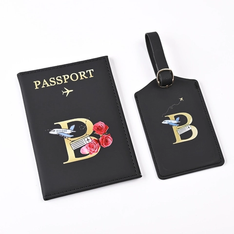 Passport Holder And Luggage Tag PU Leather Bronzing Initial Letter Travel Accessories Document Case Protector For Men Women